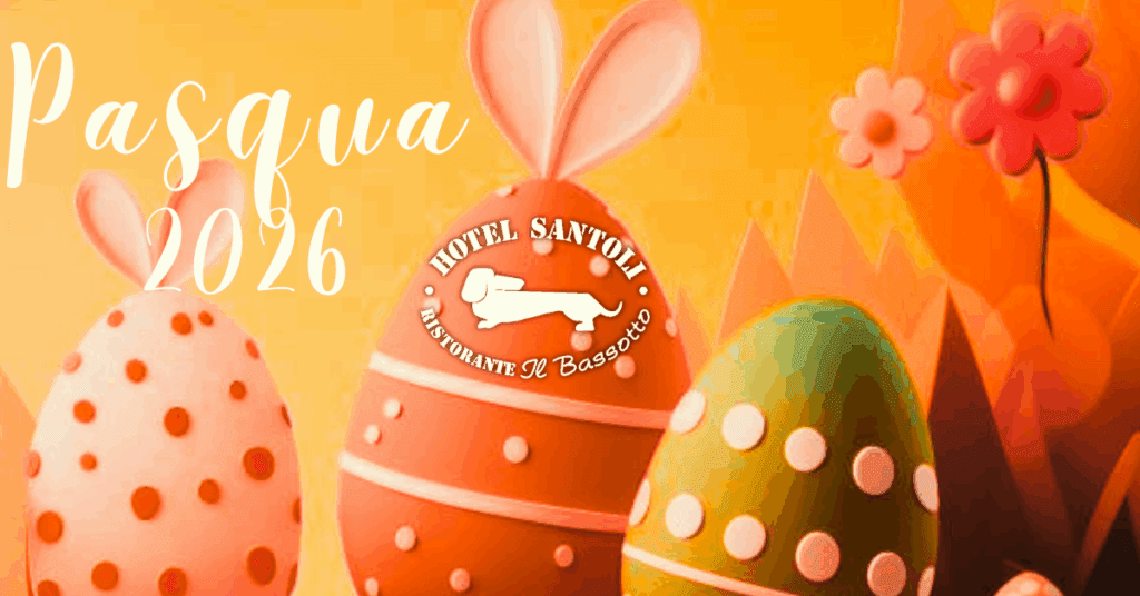 Uova decorate e un coniglio per Pasqua 2026 presso l'Hotel Santoni.